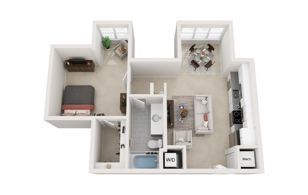 Marine Central – 406  Furnished River Overlook - 1 bedroom floorplan layout with 1 bath and 719 square feet. (3D)