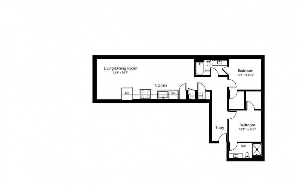 Maintenance – 001 (Available July 2023) - 2 bedroom floorplan layout with 2 baths and 1309 square feet.