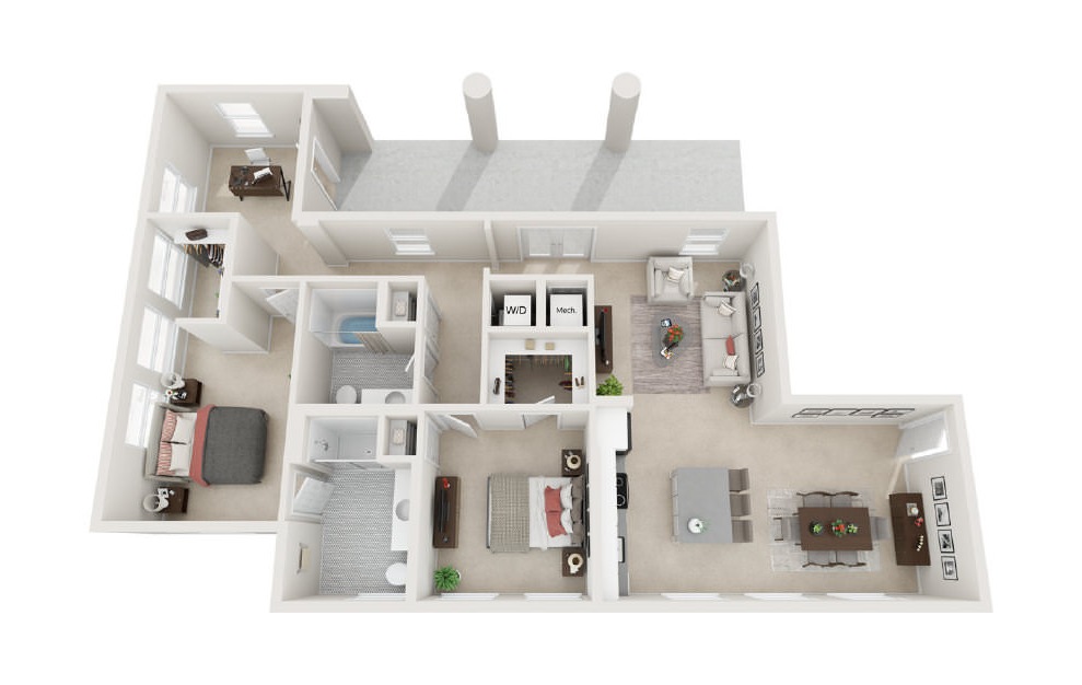 Marine East Wing – 201 (Available April 1) - 2 bedroom floorplan layout with 2 baths and 1324 square feet. (3D)