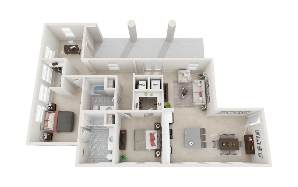 Marine West Wing – 210  - 2 bedroom floorplan layout with 2 bathrooms and 1324 square feet (3D)