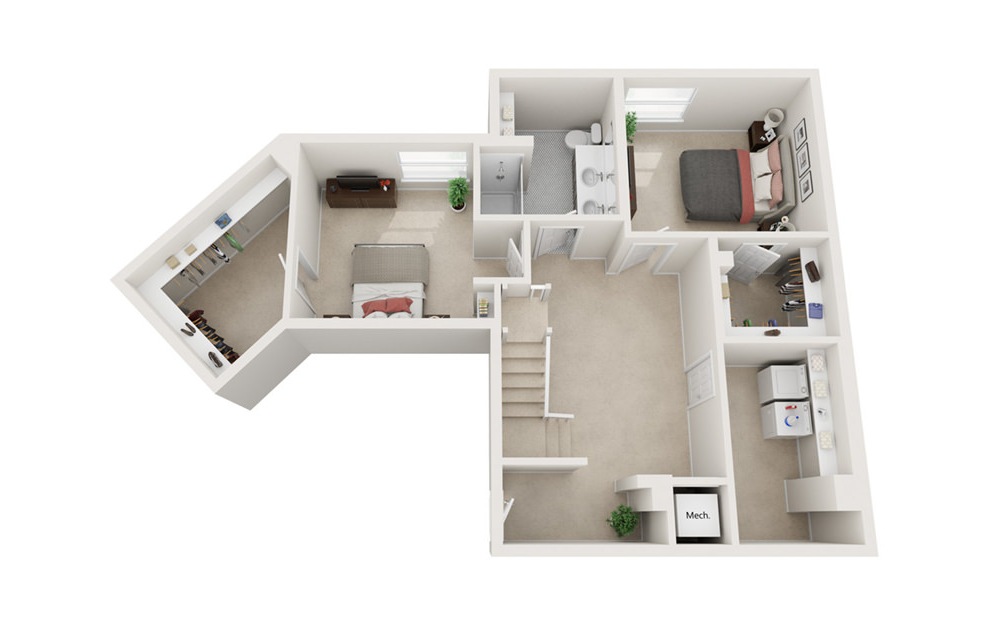 Marine East Wing – 103  Available Mid September - 3 bedroom floorplan layout with 2 baths and 1592 square feet. (Lower Level / 3D)