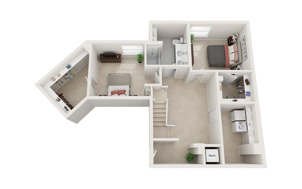 Marine East Wing – 103  Available Mid September - 3 bedroom floorplan layout with 2 bathrooms and 1592 square feet (Lower Level, 3D)