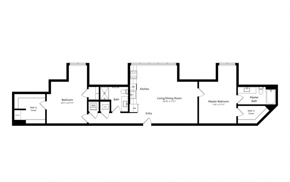 Marine East Wing – 402 (Coming Soon) - 2 bedroom floorplan layout with 2 baths and 1154 square feet. (Floor 1)